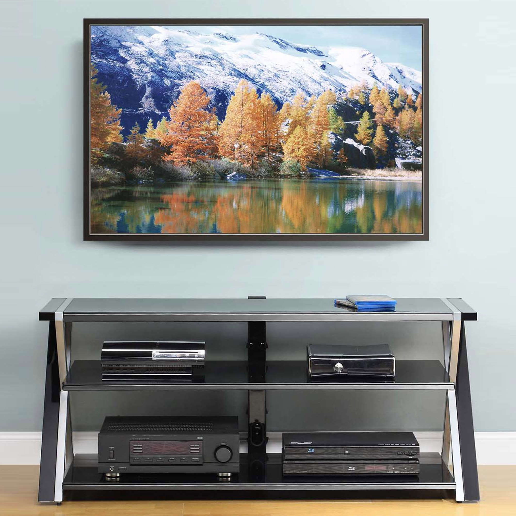 Whalen 3-in-1 Black TV Console for TVs up to 70", Black Glass Shelves - image 3 of 10