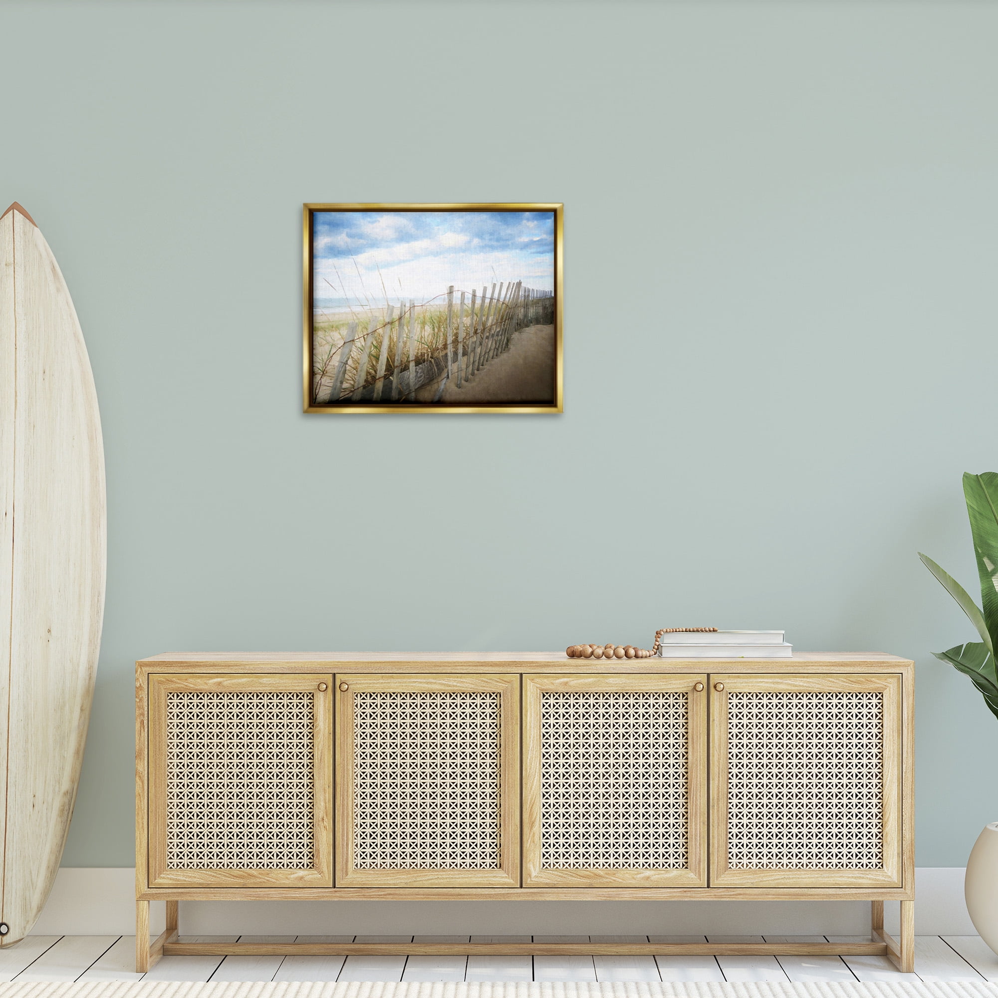 Stupell Industries Summer Beach Fence Landscape Painting Gold Floater Framed Canvas Art Print Wall Art, 31 x 25