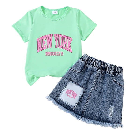 TOWED22 Girls Skirt Set Kids Toddler Girl Summer Clothes Letter Print Short Sleeve T-Shirt and Denim Skirt Summer Casual 2 Piece Outfit(D,3-4 Y)