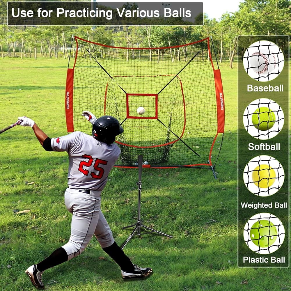 7'×7' Baseball Backstop Net Set, Baseball Softball Practice Net with Batting Tee, for Hitting Pitching Batting Catching with Bow Frame, Bonus Strike Zone