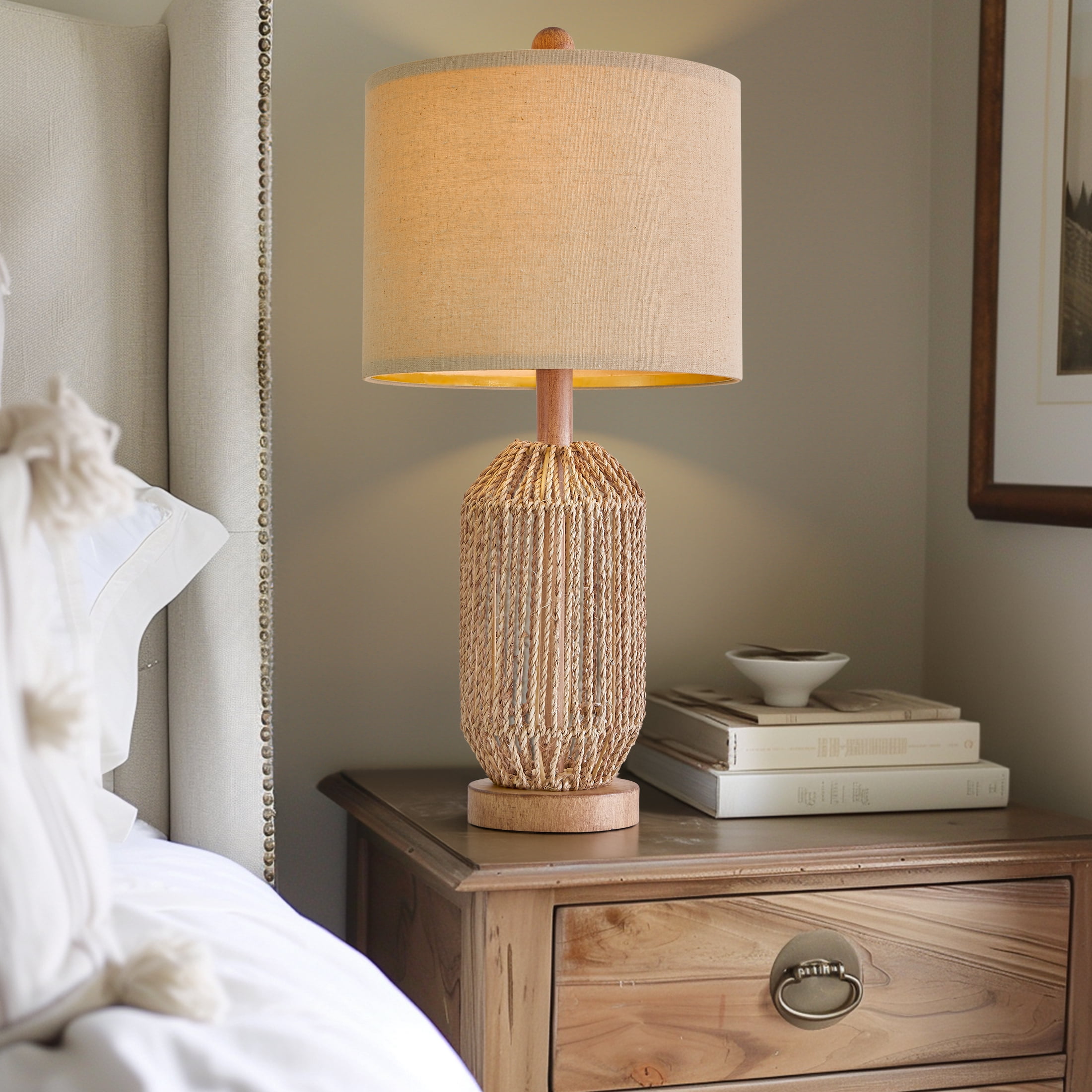 EDISHINE Rattan Table Lamp – Rose Wood Tripod Nightstand Light With Handwoven Paper Rope Shade, E26 Base, Inline Switch (Bulb Not Included)