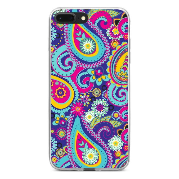 DistinctInk Clear Shockproof Hybrid Case for iPhone 7 PLUS / 8 PLUS (5.5" Screen) - TPU Bumper, Acrylic Back, Tempered Glass Screen Protector - Hot Blue Yellow Pink Paisley