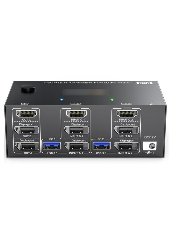 Docooler KVM Switcher Two Input Three Output Three Monitor Switcher Support 8K@30Hz 4K@144Hz USB 3.0 Displayport