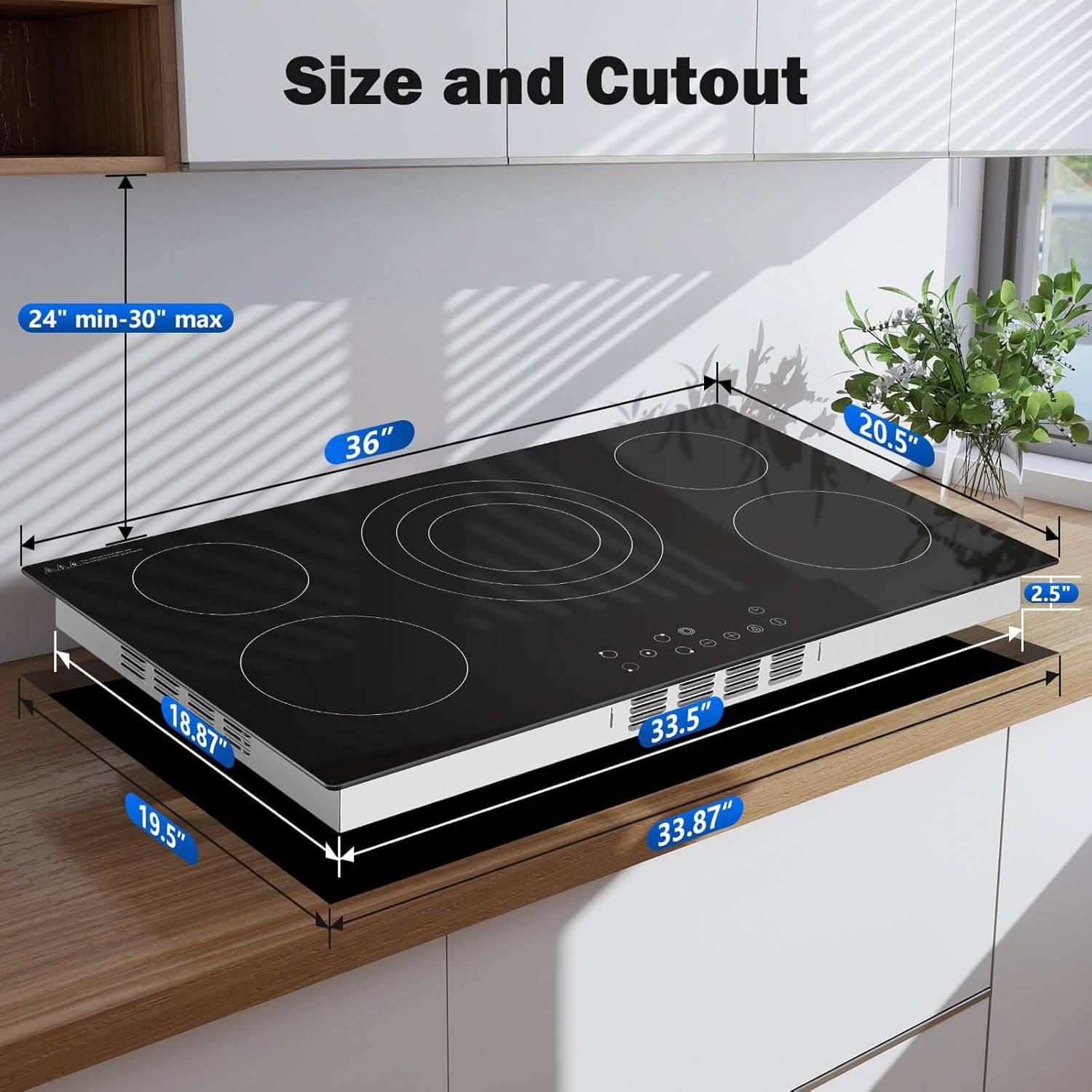 36 inch Electric Cooktop 5 Burners 9000W Built-in Glass Ceramic Electric Stove Top with Touch Control 9 Power Levels Child Lock Triple-Ring Zone 240V Hardwired for Kitchen Countertop 36"