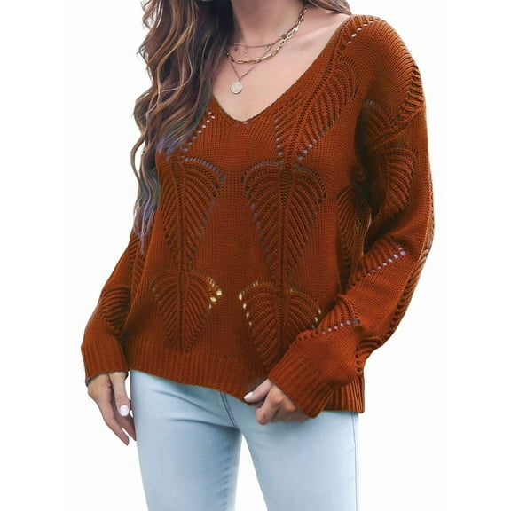 Fall Sweaters Round Neck Crochet Hollow Out Cute Winter Pullover Sweaters for Women Trendy Red-Brown M