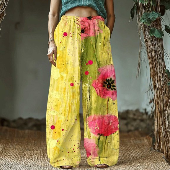 Bzhegqhd Women's Retro Print Cotton and Linen Elastic Waist Bohemian Leaf Casual Trouser Pants with Pocket