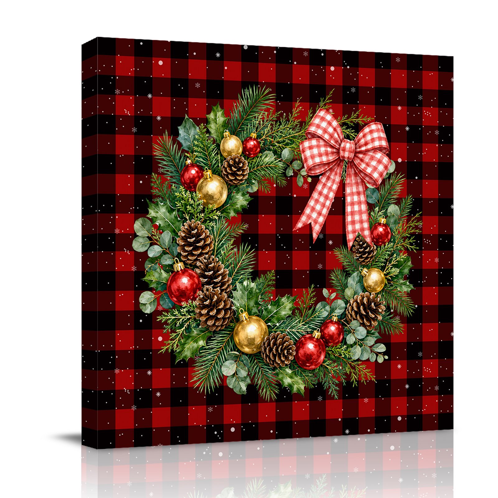 Canvas Wall Art Christmas Framed Canvas Prints for Living Room Bathroom Pine Wreath Bow Xmas Ornaments Red Checked Gallery Wrapped Wall Decor for Home Office Gifts 12 x12 Ship Next Day