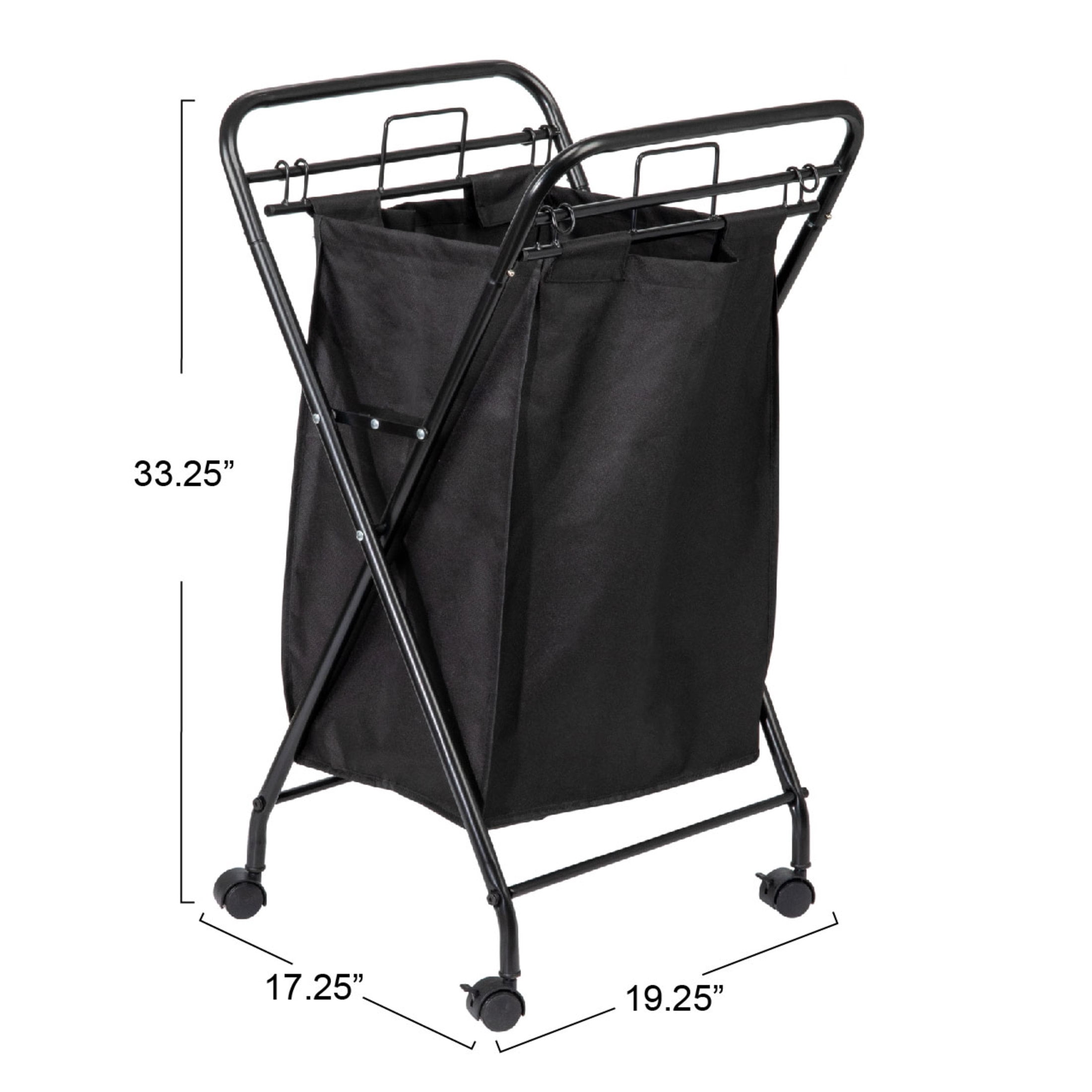 Household Essentials Rolling Laundry Hamper, Heavy Duty Canvas Bag, 2 Load Capacity, Foldable Frame, Black Bag with Velcro Fasteners, Black