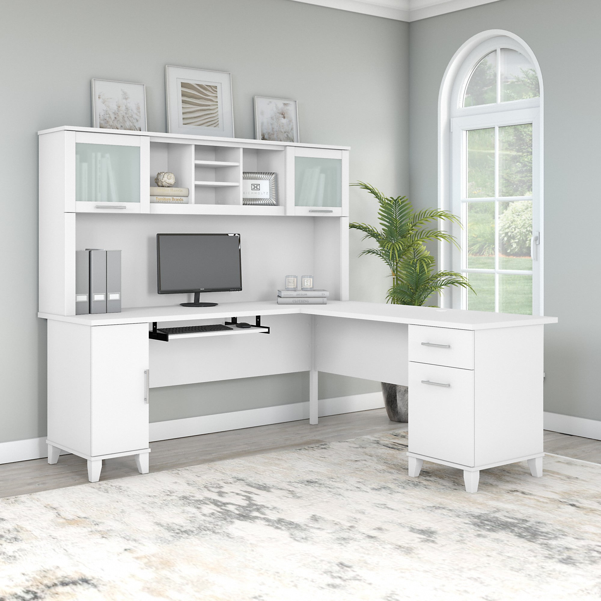 Bush Furniture Somerset 72" L Desk and Hutch with Storage, White
