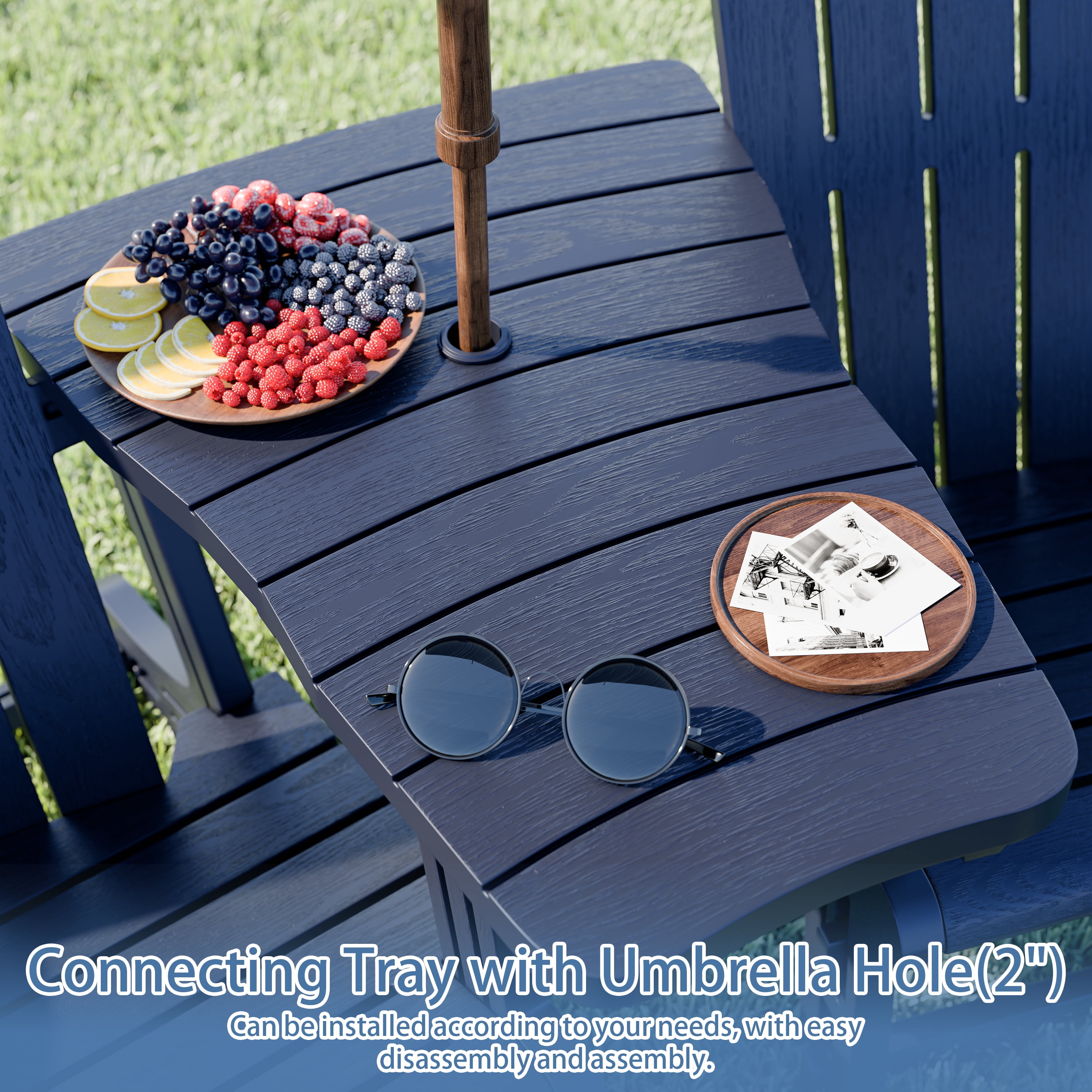 Walsunny Adirondack Chairs Set of 2 HDPE Outdoor Chair Set with Connecting Tray Cup Holder Removable Tabletop Pull-Out Footrest,All-Weather HDPE Outdoor Chair Set,Dark Blue