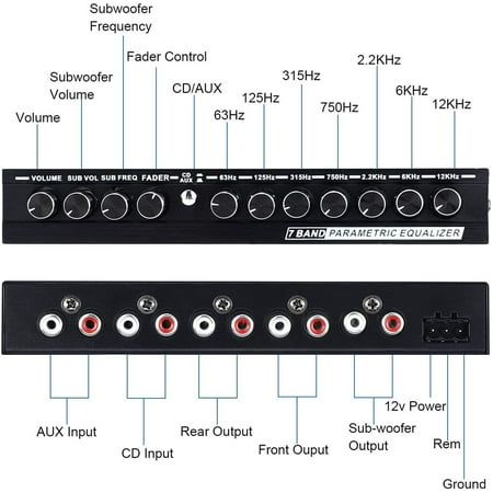7-Band Car Audio Equalizer with CD/AUX Input Select Switch Black