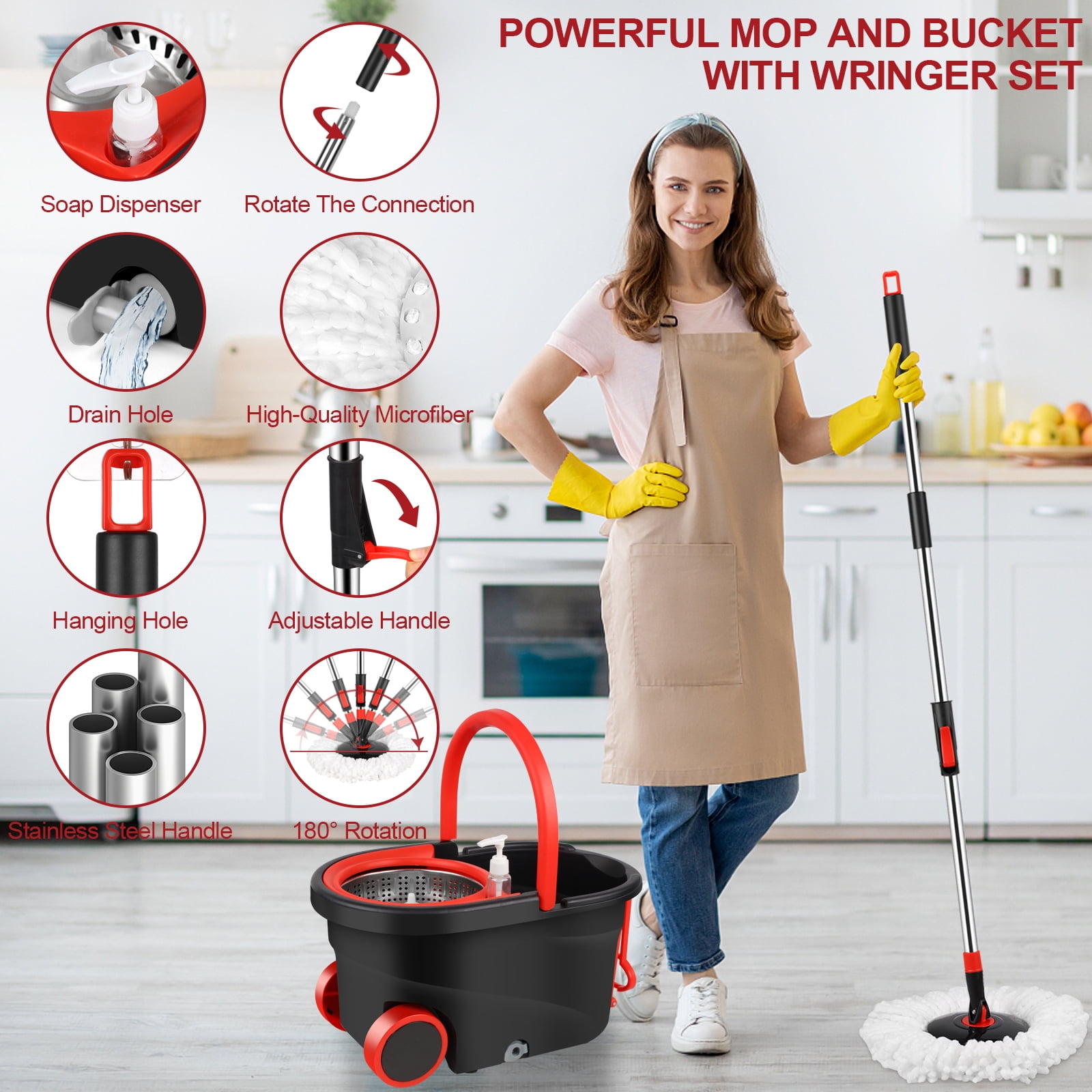 Spin Mop and Bucket with Wringer Set, 360° Mop and Bucket Set for Floor Cleaning, Stainless Steel 61" Adjustable Extended Handle with 3 Microfiber Mop Refills, Black&Red - Walmart.com