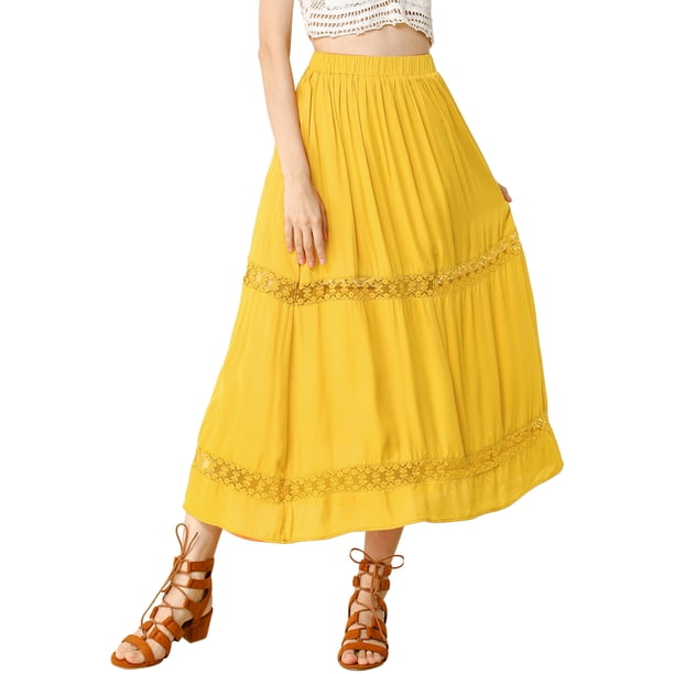 Falda Maxi Allegra K Con Encaje Y Cintura Elástica Vintage A-Line Para Mujer Amarillo S