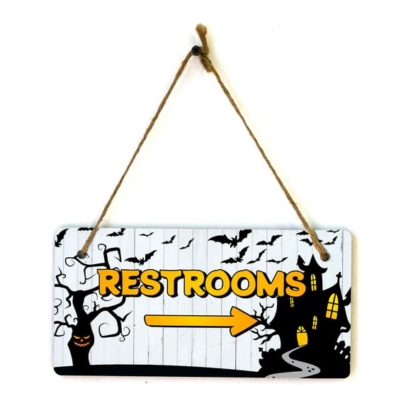 Restrooms Right Arrow 5x10 Hanging Plus Wall or Door Sign | Rustic Twined | Spooky Halloween Decoration