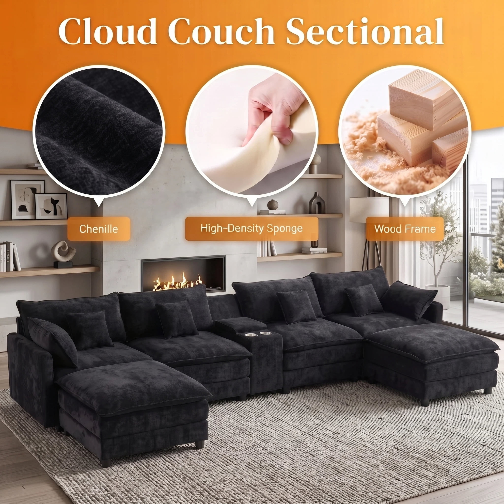 Vinform 145" U Shaped Cloud Couch Sectional with USB Charging, Hidden Storage, Cup Holders & Chenille Double Chaise, Black