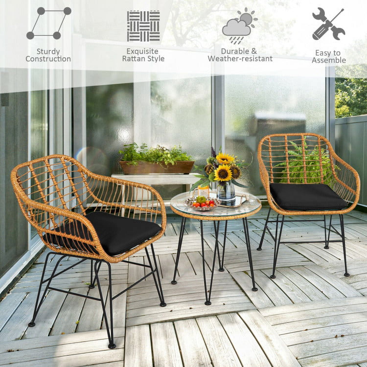 Aimee Lii 3 Pieces Rattan Furniture Set with Cushioned Chair Table, Outdoor Patio Furniture, Black Aimee Lii 3 Pieces Rattan Furniture Set with Cushioned Chair Table, Outdoor Patio Furniture, Black