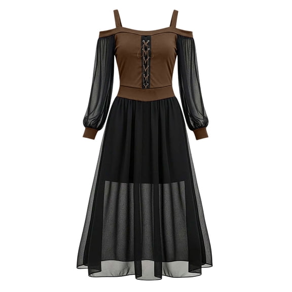 KICILVS Vampire Costume Women Cold Shoulder Lace up Sheer Long Sleeve Maxi Dress Elegant Gothic Cosplay Halloween Dress