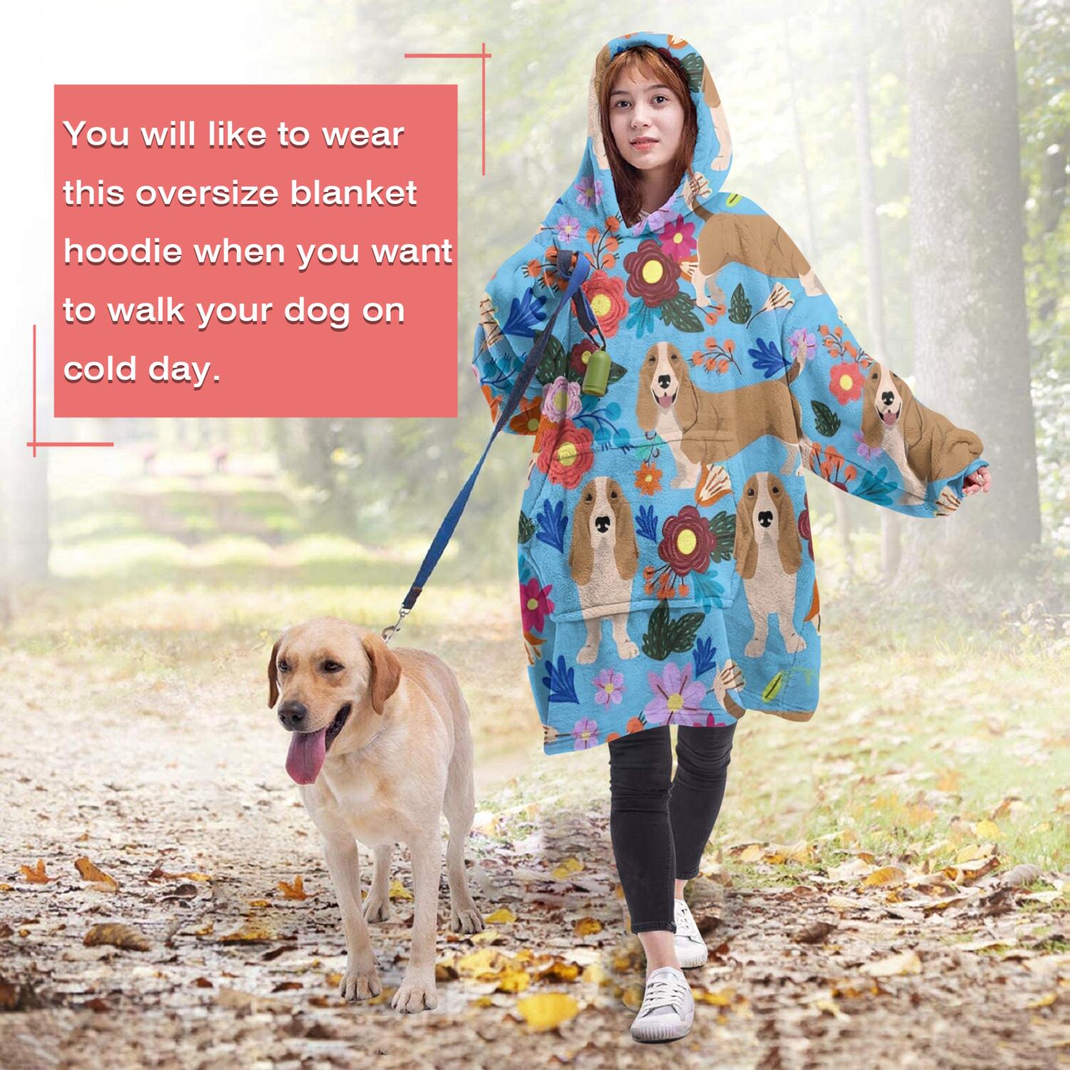 Wearable Oversized Blanket,Basset Hound Dog and Flower Wearable Blanket Hoodie for Adults,Cozy Hooded Blankets with Super Pockets,Super Warm Fuzzy Pullover for Women & Men