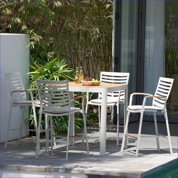 Outdoor Barstool | Modern 25in Seat Height Patio Barstool, Light Matte Sand Aluminum with Teak Accent | Fabric Metal | Tan Brown