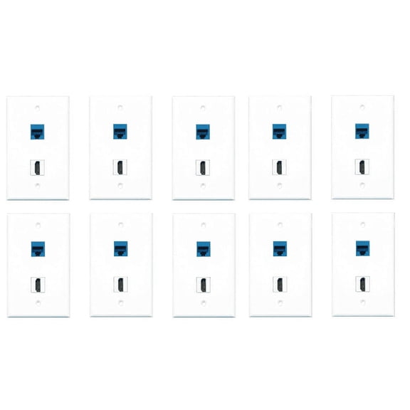 RiteAV - 1 Port HDMI 1 Port Cat6 Ethernet Blue Wall Plate - Bracket Included - 10 Pack