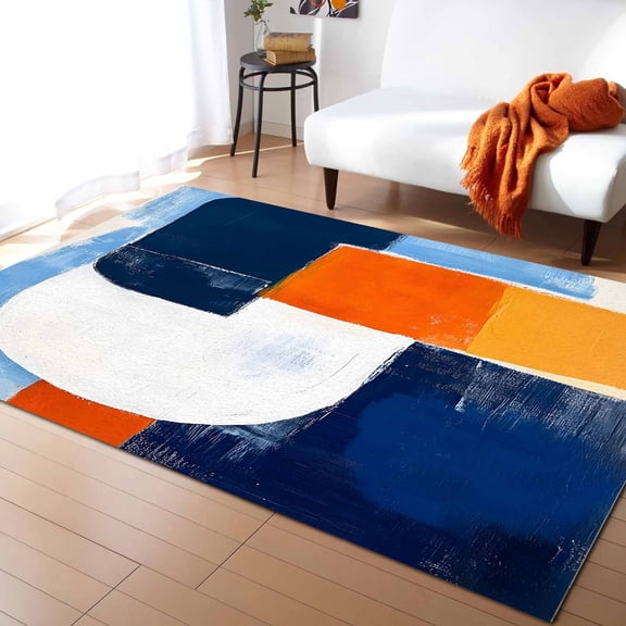 Area Rugs Indoor Non-Slip Rectangle Rug 5x7 Ft Abstract Art Orange Blue Graffiti Modern Minimalist Rug Rubber Backing Floor Mats Non Shedding Home Decor Carpet for Entryway Living Room