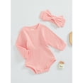 thumbnail image 4 of Musuos Baby Girl Fall Outfit, 3 6 9 12 18 Months Solid Color Round Neck Long Sleeve Ribbed Romper Bow Headband 2 Piece Set, 4 of 9