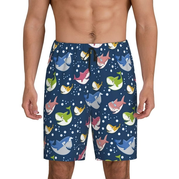 Balery Colorful Cartoon Shark Pantalones cortos de pijama de punto de algodón para hombre con cinturilla y bolsillos-Large