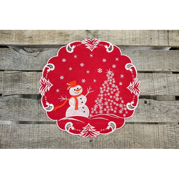 White Snowman on Red Round Doily (15" Round)