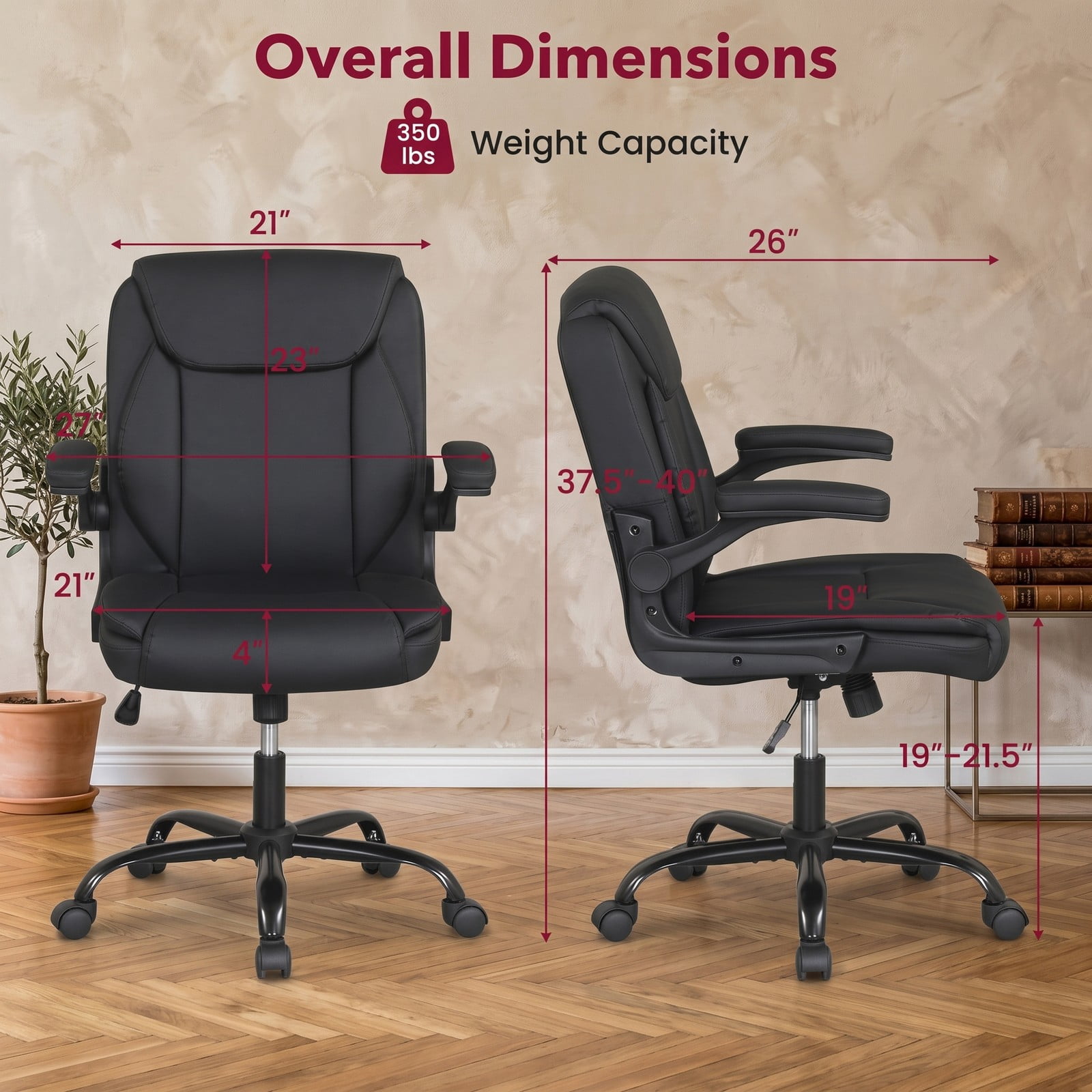 Furnibear Ergonomic Leather Office Chair, High Back PU Leather Executive Desk Chair with Flip-up Armrests, Rocking Function, Adjustable Height and Swivel for, Black