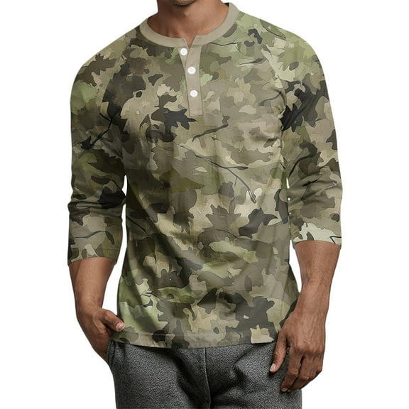 Lumtrix Men's Camouflage T-Shirt Sports Fitness 3/4 Sleeve Sleeve Military Camo Lightweight Henley Vintage Shirt Army Green 2XL