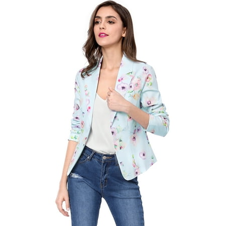 Lined Notched Collar Blazer - Women's Floral Notched Lapel Open Front Blazer Jacket Outerwear Coat