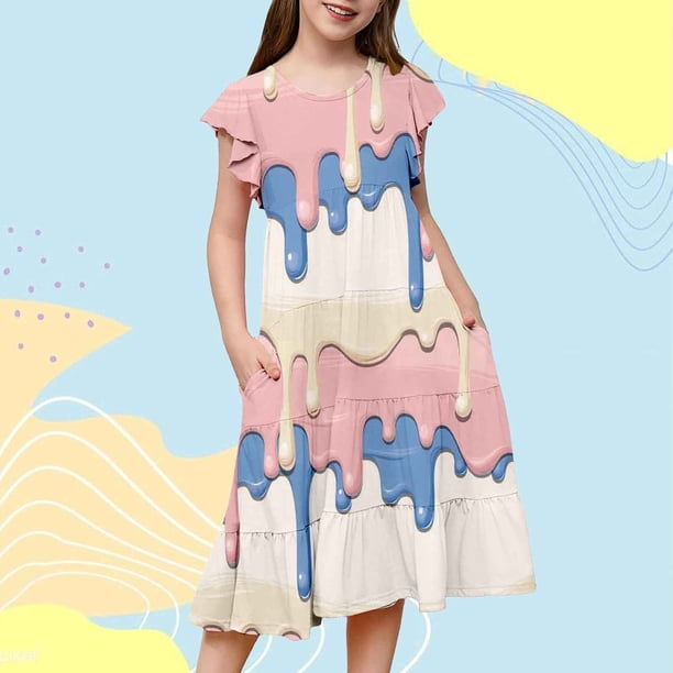 WILLBEST Vestidos de Verano 2025 para Niñas Adolescentes, Vestidos de Fiesta con Estampados de Mangas Abullonadas para Niñas, Vestidos de Fiesta de Baile para Niñas 130