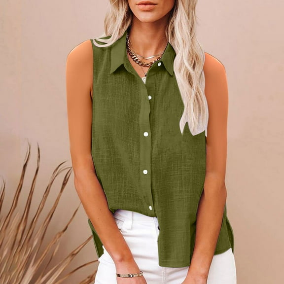 ECZHAW Cotton Linen Button Down Shirt Women Sleeveless V Neck Collared Tops Casual Work Tank Tops Gauze Summer Blouses