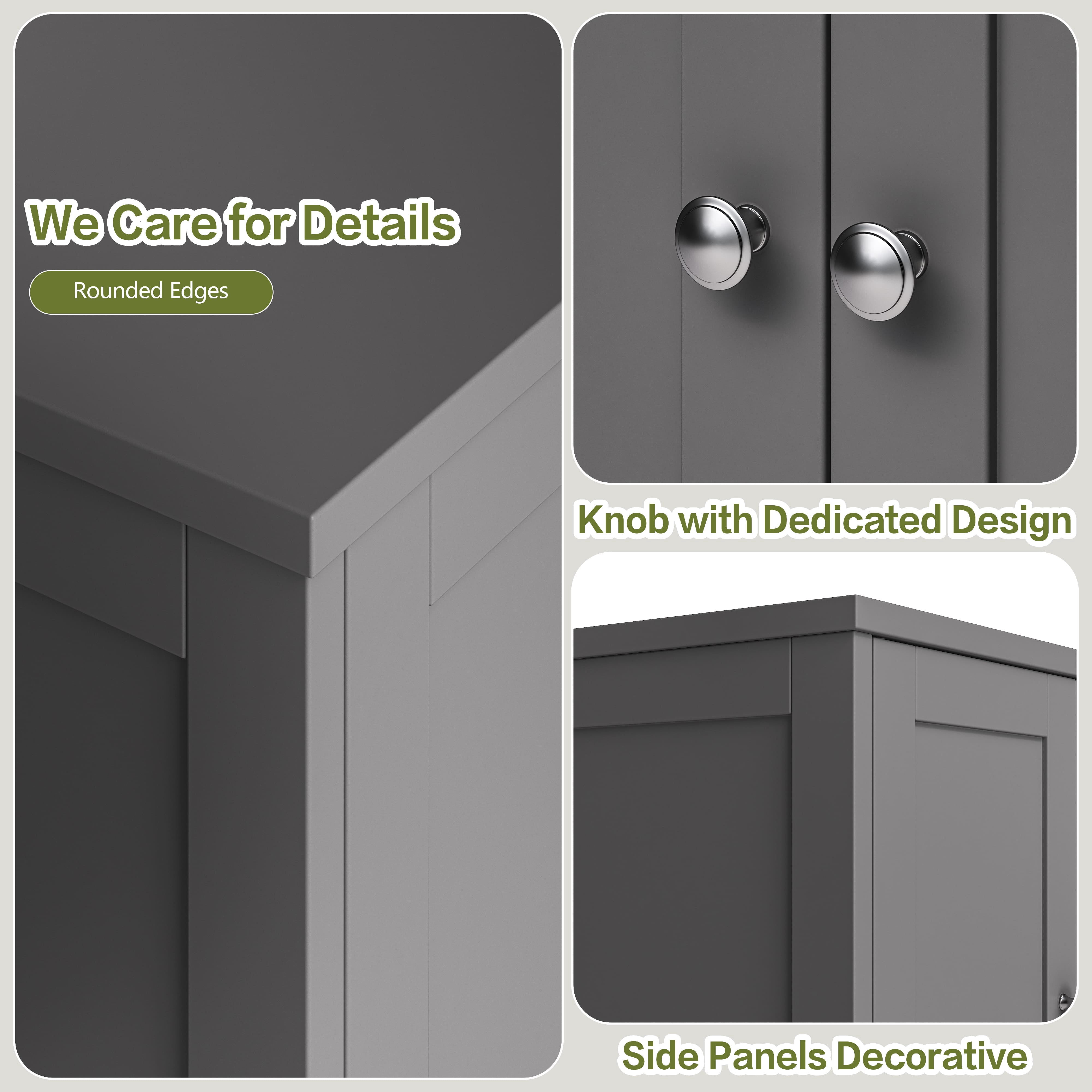 Bathroom Storage Floor Cabinet Organizer with Adjustable Shelf 4 Magnetic Doors 43" Wooden Pantry Cabinet Freestanding for Kitchen Living Room Small Spaces,Gray