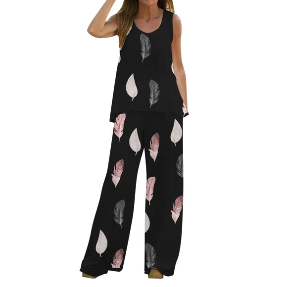 MSJUHEG Pantalons Larges pour Femmes Pantalons Femmes Ensemble 2 Pcs Boho Imprimé Débardeur Sans Manches Haut Ample Pantalons Larges Ensemble Deux Pièces Pantalons de Survêtement Femmes Noir L