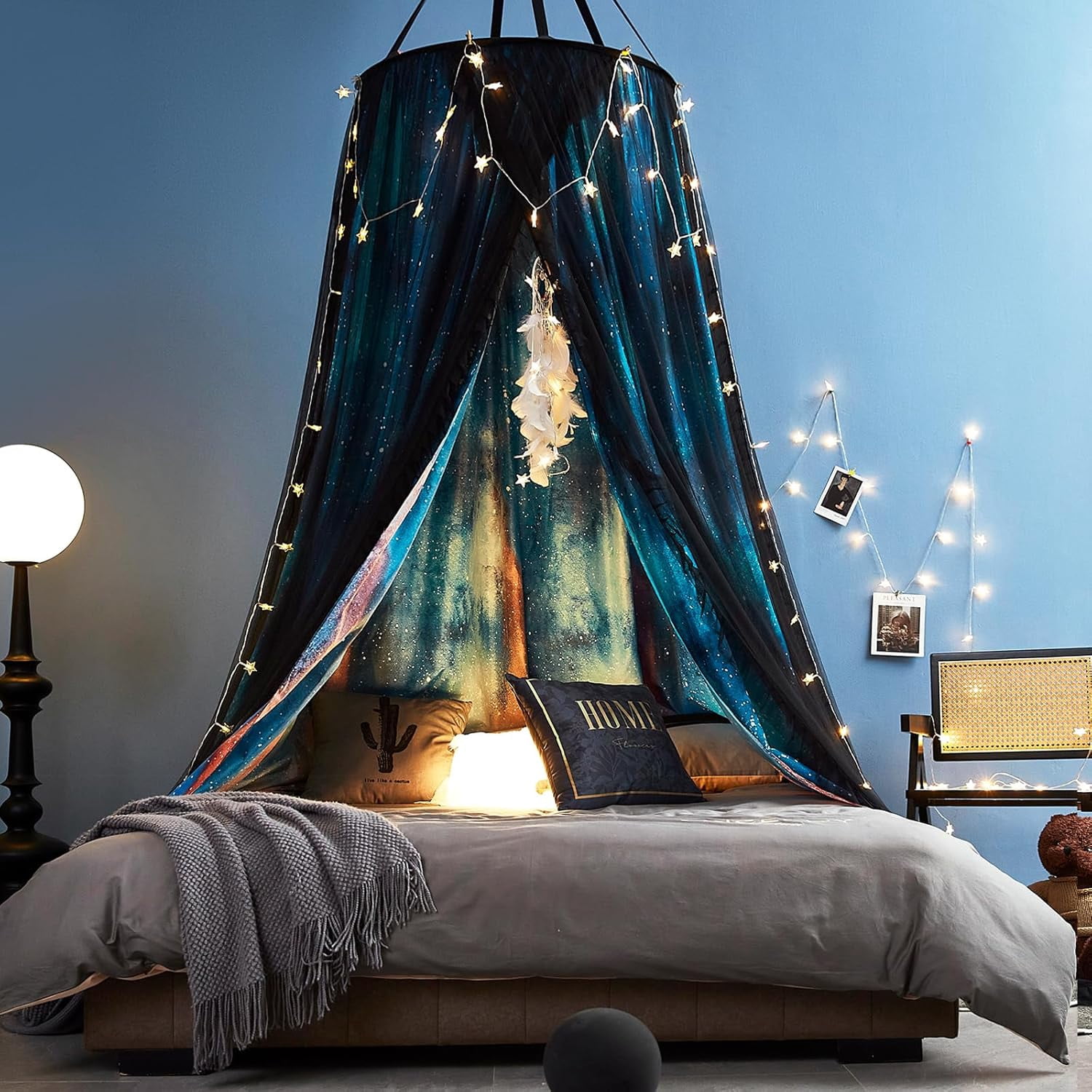 Gorgeous Aurora Printed Bed Canopy for Girls & Adults, Room Decorative Cozy Bed Curtain Canopy Drapes, Round Dome Luxurious Lace Princess Canopies Mosquito Netting (Aurora)