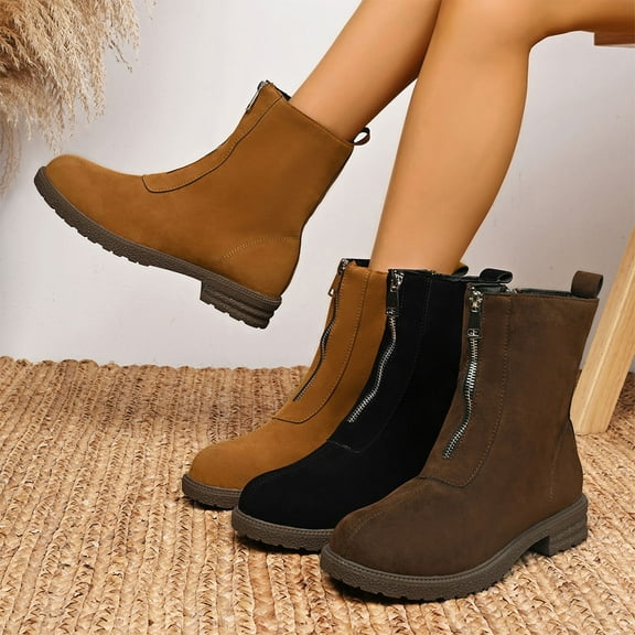 Boots for Women Casual Winter Solid Color Versatile Round Toe Cozy Lining Thick Bottom Chunky Heel Mid-Calf Boots with Front Zipper