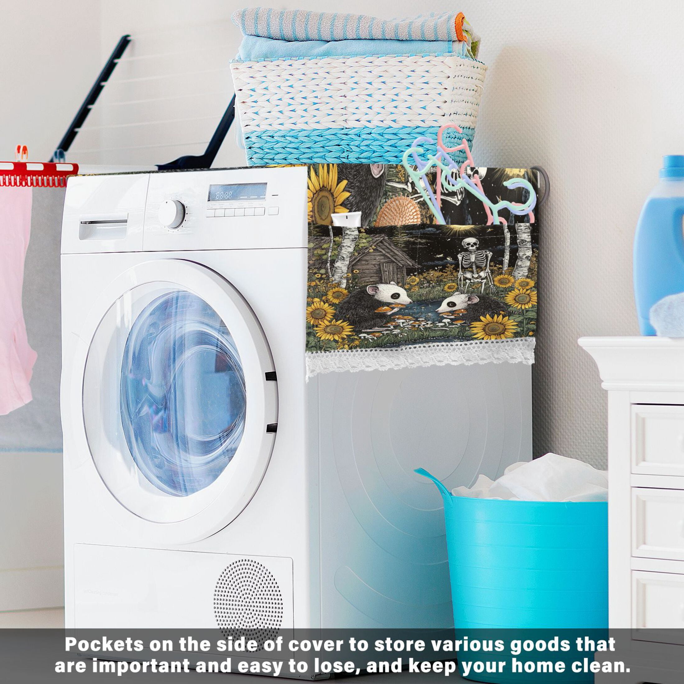 Washing Machine Cover 51.2x22in, Durable Polyester Dust Cover with Lace Trim and Side Pocket for Appliances Opossum Mushroom