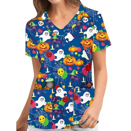

V Neck Summer Tshirts for Womens Pumpkin Print Casual Scrub Tops Short Sleeve Loose Shirts