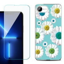 For For iPhone 16e Phone Case Cover, Shockproof Case with Tempered Glass Screen Protector, by OneToughShield - Daisy/Teal