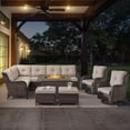 thumbnail image 2 of OPOHORO 6 Pieces Patio Conversation Set with 41" Fire Pit Table, Brown Wicker Rattan Furniture Set for Outside with Sectional Couch, Swivel Chairs, Ottmans and Rectangular Propane 41" Firepit - Beige, 2 of 19
