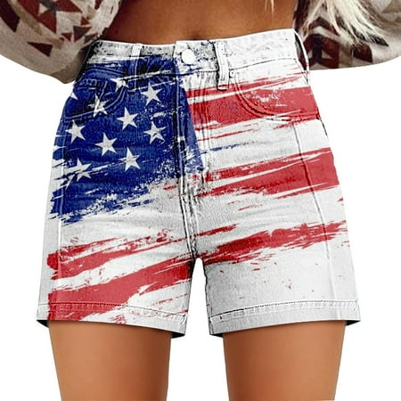Outfmvch American Flag Shorts shorts for Woman swim Trunks athletic Shorts gym Shorts independence Day High Waisted Twill Shorts with Loose Fit Artistic Retro Print and Pocket Shorts White S
