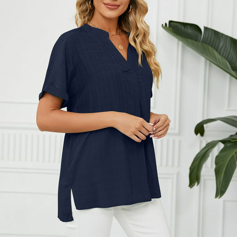 RYRJJ Womens Short Sleeve Tops Fashion V Neck Shirts Summer Casual Loose  Solid Color Basic Tunic Tshirt(Navy,XL)