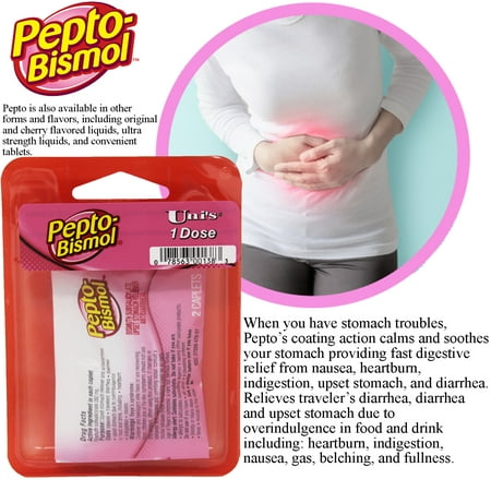 Uni's PEPTO-BISMOL 6 Pack Relief To-Go. To Help Relieve Travelers' Diarrhea, Regular Diarrhea, Upset Stomach, Heartburn, Indigestion, Bloating, and (Best Way To Relieve Stomach Ache)