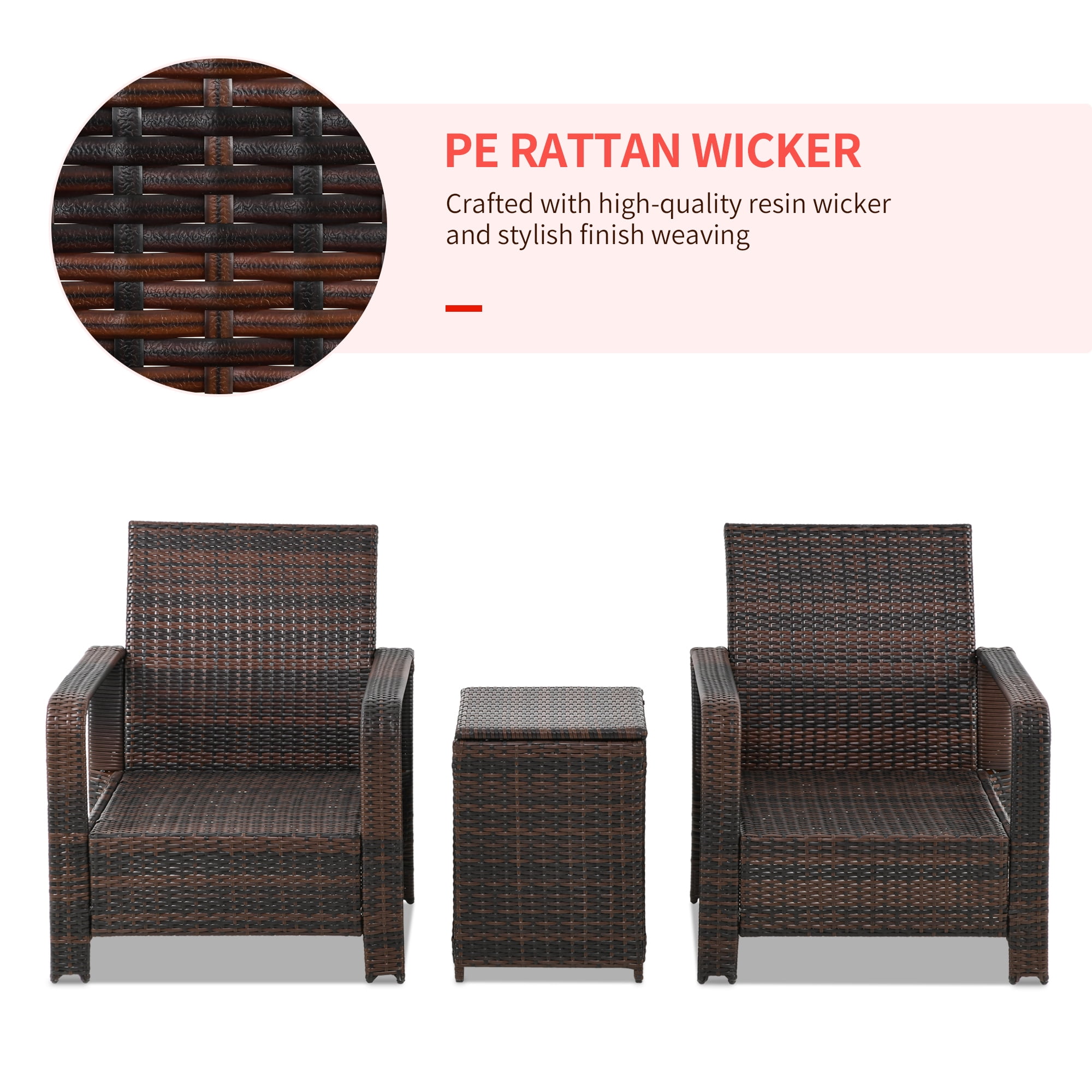 Outsunny 3 Piece Patio Furniture Set, PE Rattan Wicker Storage Table and Chairs w/ Tufted Cushions, Red