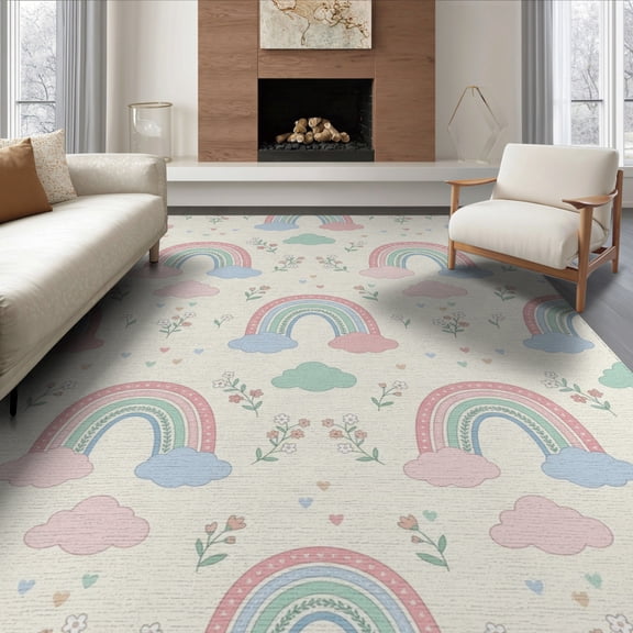ODIKA 8'x10' Washable Area Rug Cute Motifs Entry Scattered Polka Dot Pink Navy Whimsical Playful for King Size Bedroom Under Bed, Master Suite, Non-Shedding, Easy Care