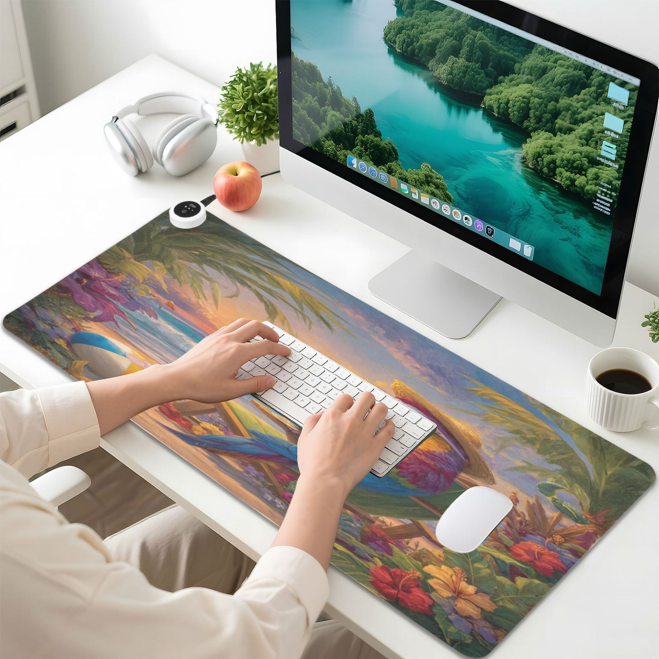 Wobogo Beach Parrot Heated Mouse Pad Extra-Large Desk Mat With 3 Heating Levels and 3-hour Auto Shut-Off Protection Ideal for Computer Keyboards Home Office Hand-warming Essential 31.5in × 13in