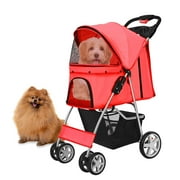 Pet Stroller (Red) Dog Cat Small Animals Carrier Cage 4 Wheels Folding Flexible Easy to Carry for Jogger Jogging Walking Travel Up to 30 Pounds with Sun Shade Cup Holder Mesh Window