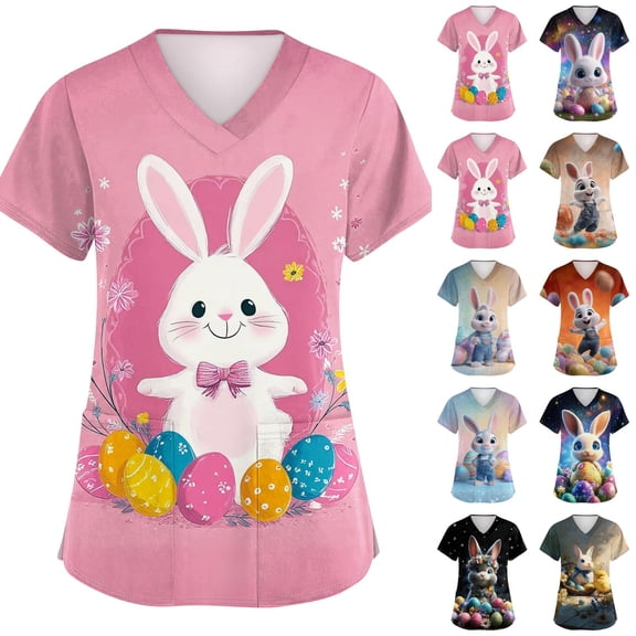 JoveMarine Women's Animal Cartoon Printed V-Neck Short Sleeve Scrub Top with Pockets Side Slit Casual Work Blouse Cute Uniform for Spring Daily Wear Blue L