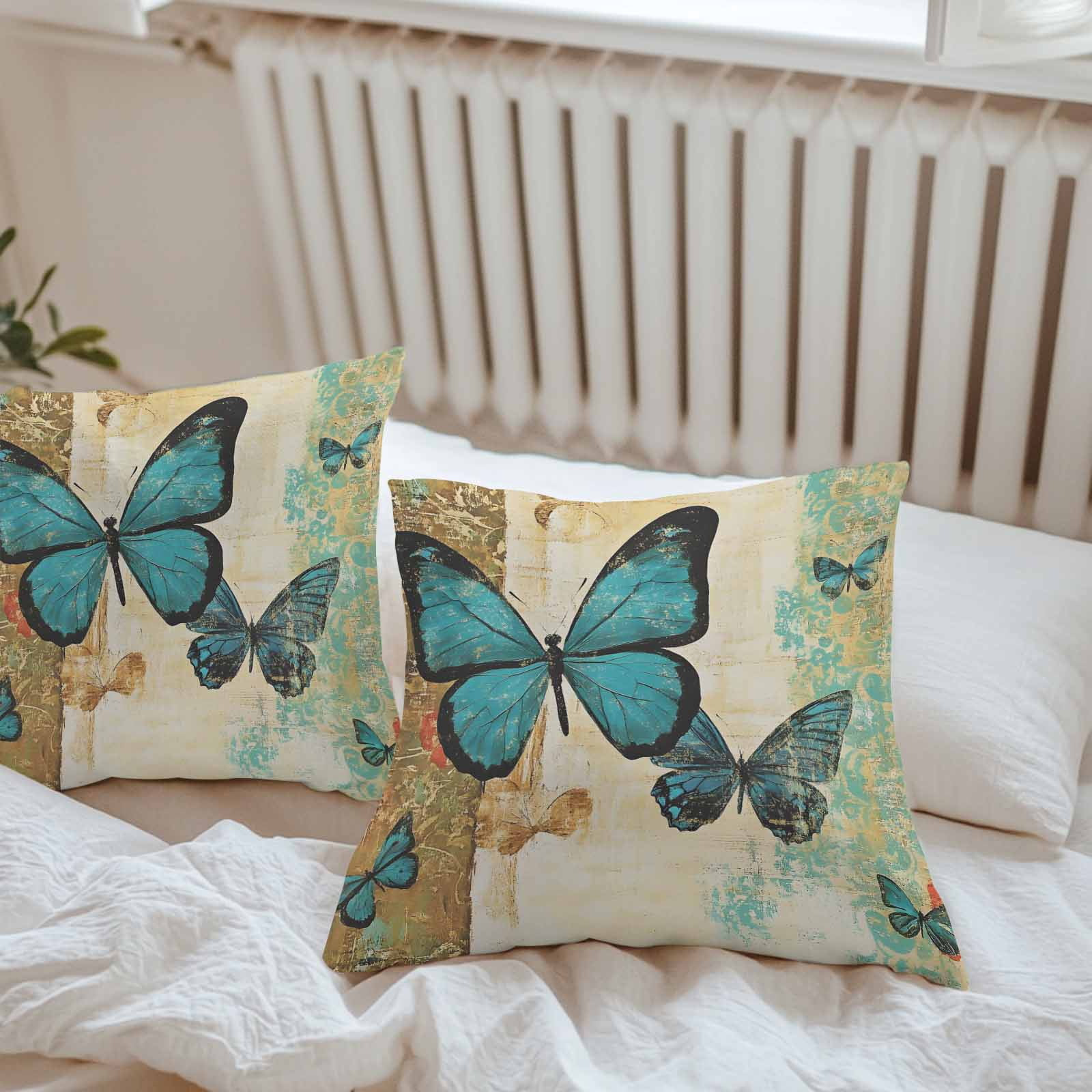 Waterproof Throw Pillow Covers Set of 2, 20x20 Inch Retro Teal Butterfly Decorative Pillowcases Outdoor Pillow Slip Cushion Covers Set for Couch Tent Summer Butterflies Vintage